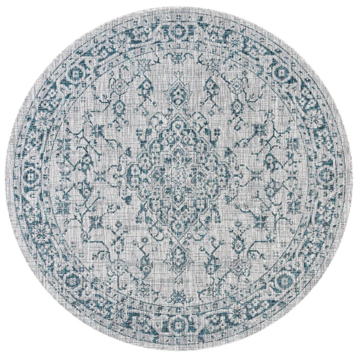Rozetta Boho Medallion Textured Weave Gray/Teal 5' Round Indoor/Outdoor Area Rug