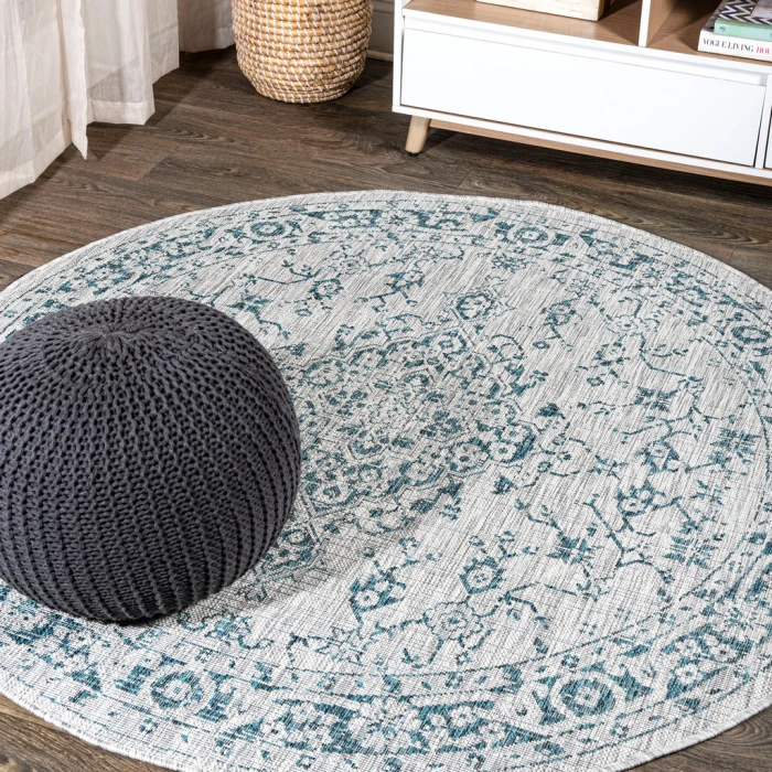 Rozetta Boho Medallion Textured Weave Gray/Teal 5' Round Indoor/Outdoor Area Rug