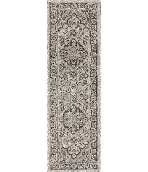 Rozetta Boho Medallion Textured Weave Gray/Black 2 ft. x 10 ft. Indoor/Outdoor Runner Rug