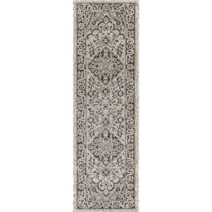 Rozetta Boho Medallion Textured Weave Gray/Black 2 ft. x 8 ft. Indoor/Outdoor Runner Rug