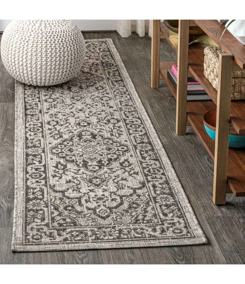Rozetta Boho Medallion Textured Weave Gray/Black 2 ft. x 10 ft. Indoor/Outdoor Runner Rug