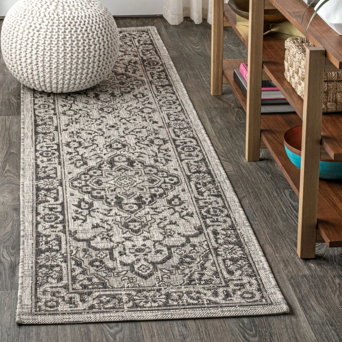 Rozetta Boho Medallion Textured Weave Gray/Black 2 ft. x 8 ft. Indoor/Outdoor Runner Rug