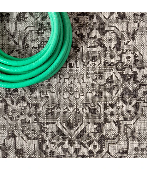 Rozetta Boho Medallion Textured Weave Gray/Black 2 ft. x 10 ft. Indoor/Outdoor Runner Rug