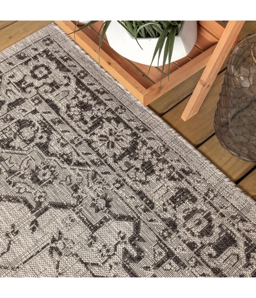 Rozetta Boho Medallion Textured Weave Gray/Black 2 ft. x 10 ft. Indoor/Outdoor Runner Rug