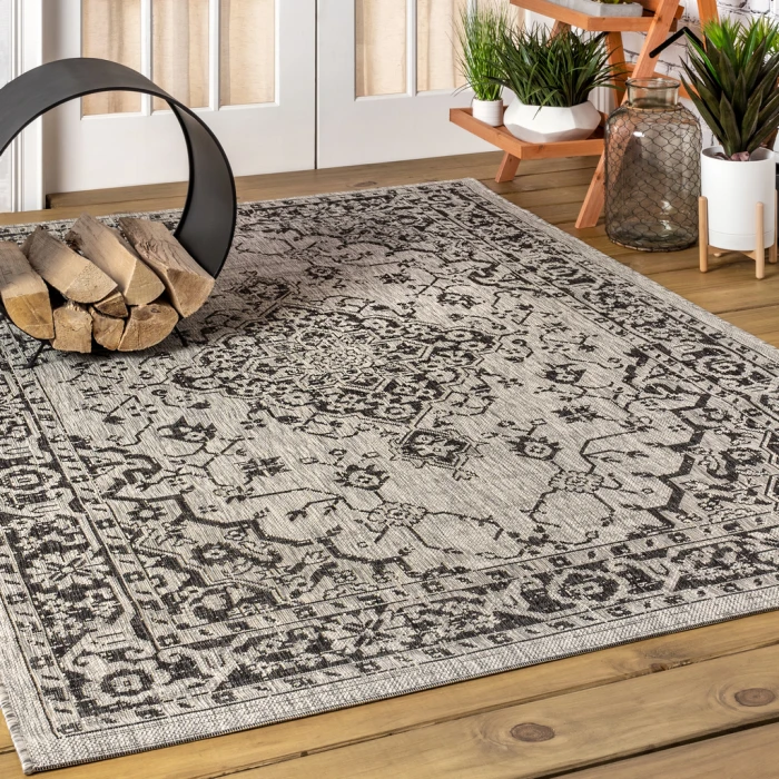 Rozetta Boho Medallion Textured Weave Gray/Black 5 ft. x 8 ft. Indoor/Outdoor Area Rug