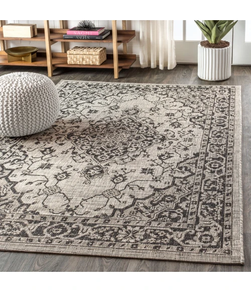 Rozetta Boho Medallion Textured Weave Gray/Black 5 ft. x 8 ft. Indoor/Outdoor Area Rug