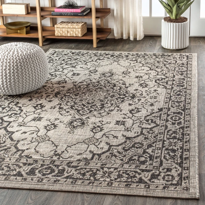 Rozetta Boho Medallion Textured Weave Gray/Black 4 ft. x 6 ft. Indoor/Outdoor Area Rug