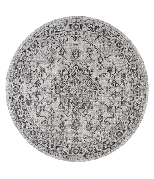 Rozetta Boho Medallion Textured Weave Gray/Black 5' Round Indoor/Outdoor Area Rug