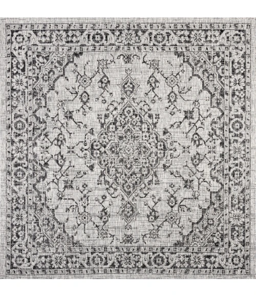 Rozetta Boho Medallion Textured Weave Gray/Black 5' Square Indoor/Outdoor Area Rug