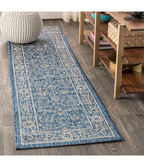 Palazzo Vine and Border Textured Weave Navy/Gray 2 ft. x 10 ft. Indoor/Outdoor Runner Rug