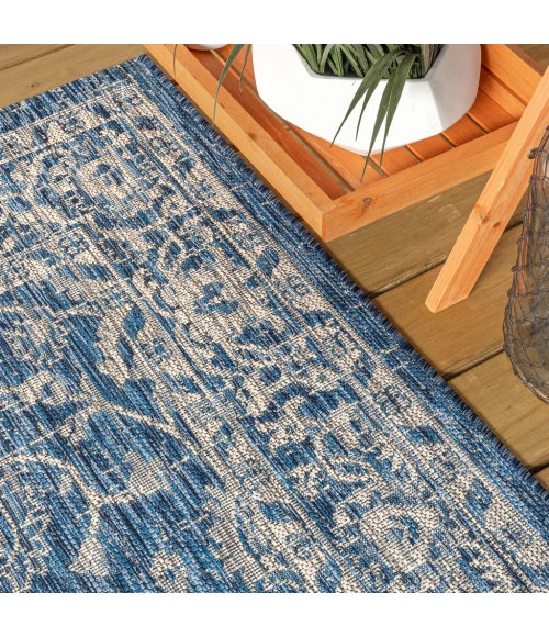 Palazzo Vine and Border Textured Weave Navy/Gray 2 ft. x 10 ft. Indoor/Outdoor Runner Rug