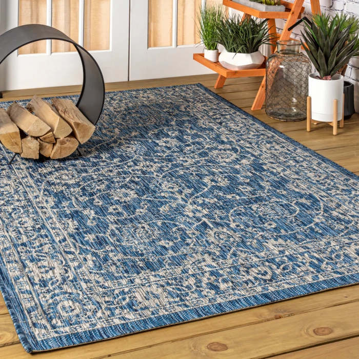 Palazzo Vine and Border Textured Weave Navy/Gray 4 ft. x 6 ft. Indoor/Outdoor Area Rug