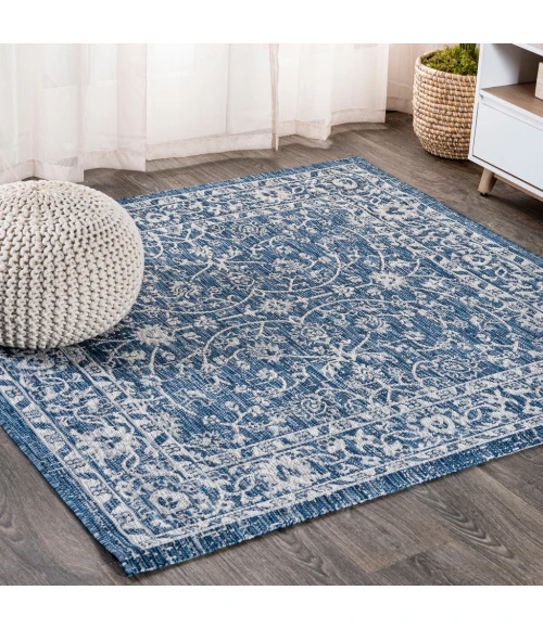 Palazzo Vine and Border Textured Weave Navy/Gray 5' Square Indoor/Outdoor Area Rug