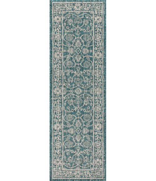 Palazzo Vine and Border Textured Weave Teal/Gray 2 ft. x 10 ft. Indoor/Outdoor Runner Rug