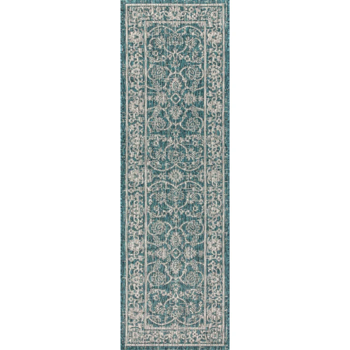 Palazzo Vine and Border Textured Weave Teal/Gray 2 ft. x 10 ft. Indoor/Outdoor Runner Rug