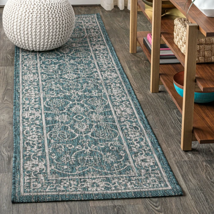 Palazzo Vine and Border Textured Weave Teal/Gray 2 ft. x 10 ft. Indoor/Outdoor Runner Rug