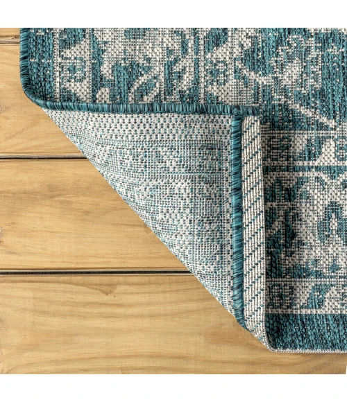 Palazzo Vine and Border Textured Weave Teal/Gray 2 ft. x 10 ft. Indoor/Outdoor Runner Rug