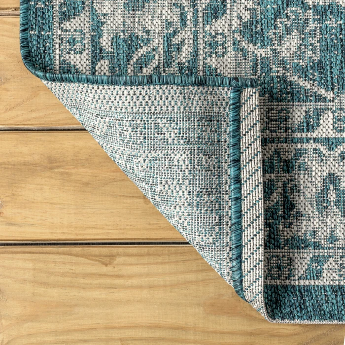 Palazzo Vine and Border Textured Weave Teal/Gray 2 ft. x 10 ft. Indoor/Outdoor Runner Rug