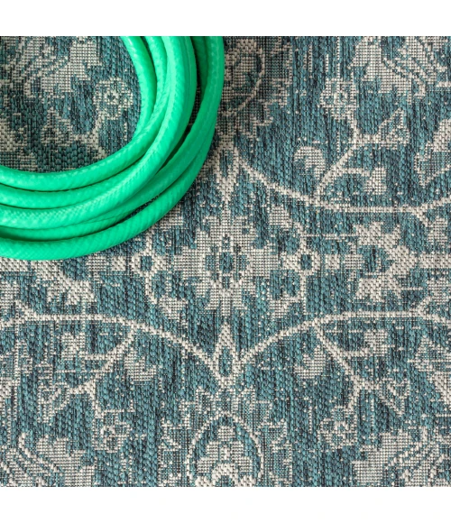 Palazzo Vine and Border Textured Weave Teal/Gray 2 ft. x 10 ft. Indoor/Outdoor Runner Rug