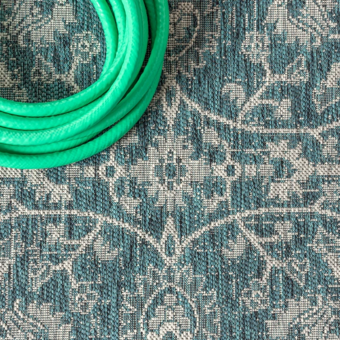 Palazzo Vine and Border Textured Weave Teal/Gray 2 ft. x 10 ft. Indoor/Outdoor Runner Rug