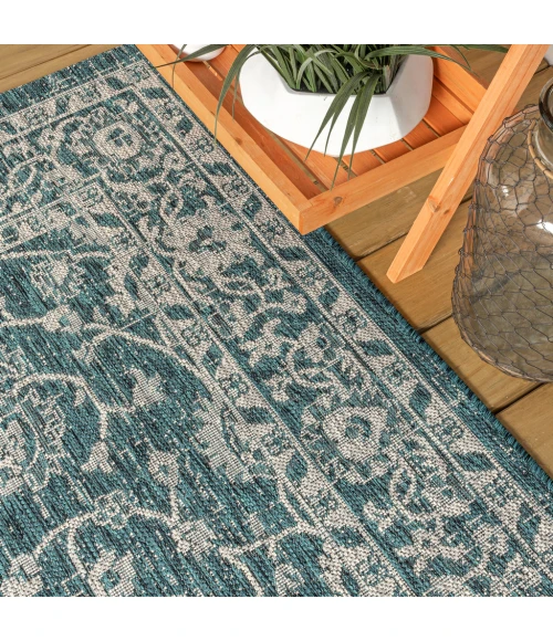 Palazzo Vine and Border Textured Weave Teal/Gray 2 ft. x 10 ft. Indoor/Outdoor Runner Rug
