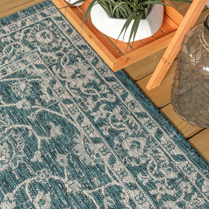 Palazzo Vine and Border Textured Weave Teal/Gray 2 ft. x 10 ft. Indoor/Outdoor Runner Rug