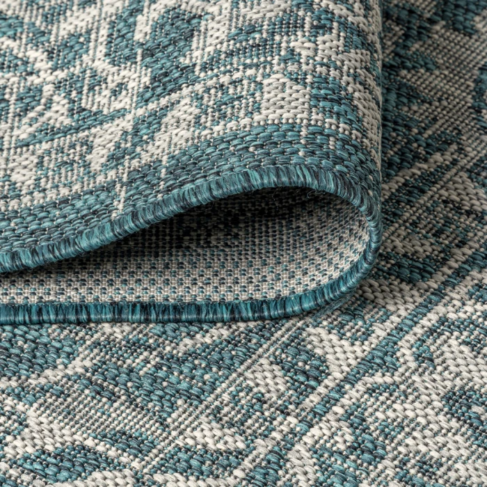 Palazzo Vine and Border Textured Weave Teal/Gray 2 ft. x 10 ft. Indoor/Outdoor Runner Rug