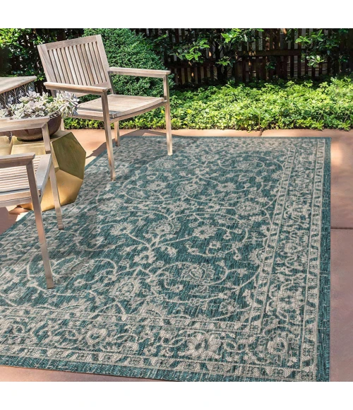 Palazzo Vine and Border Textured Weave Teal/Gray 8 ft. x 10 ft. Indoor/Outdoor Area Rug