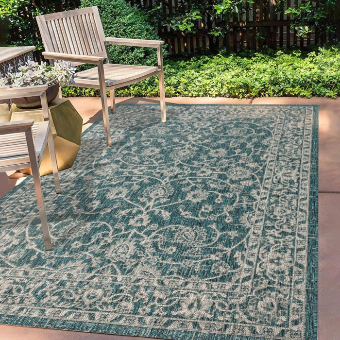Palazzo Vine and Border Textured Weave Teal/Gray 4 ft. x 6 ft. Indoor/Outdoor Area Rug