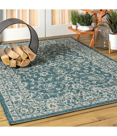 Palazzo Vine and Border Textured Weave Teal/Gray 8 ft. x 10 ft. Indoor/Outdoor Area Rug