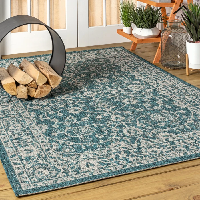 Palazzo Vine and Border Textured Weave Teal/Gray 4 ft. x 6 ft. Indoor/Outdoor Area Rug