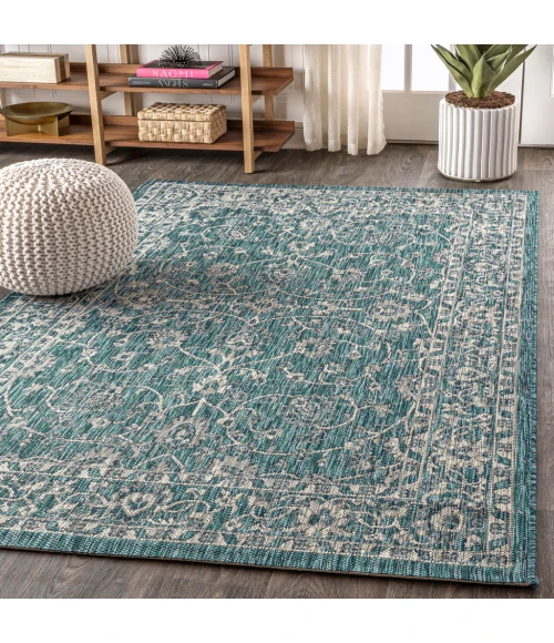 Palazzo Vine and Border Textured Weave Teal/Gray 8 ft. x 10 ft. Indoor/Outdoor Area Rug