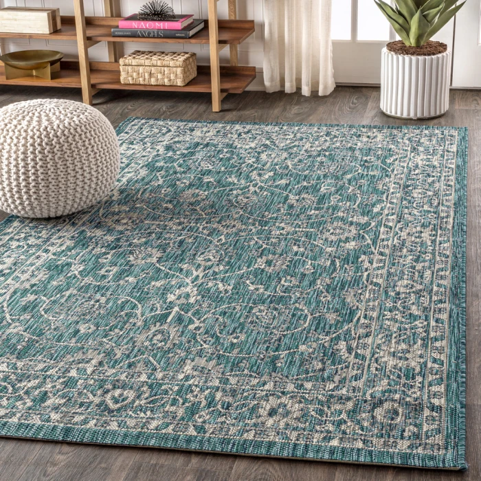 Palazzo Vine and Border Textured Weave Teal/Gray 4 ft. x 6 ft. Indoor/Outdoor Area Rug