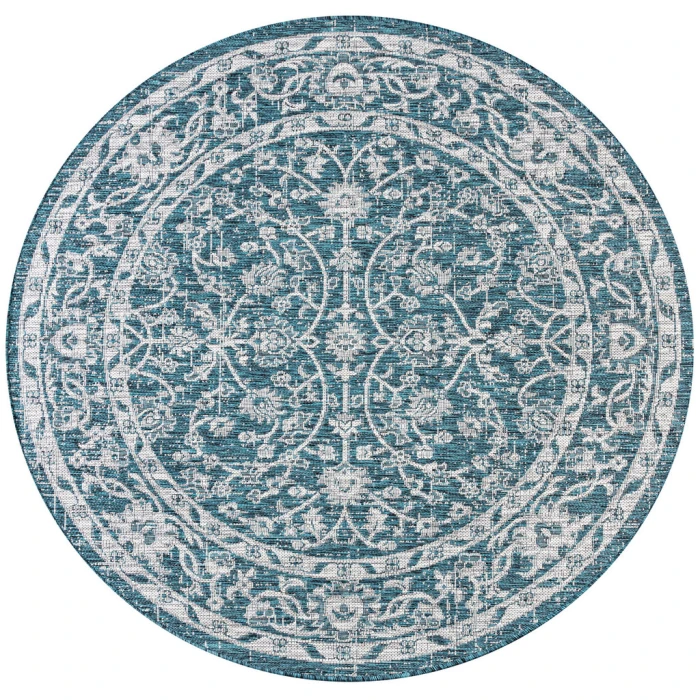 Palazzo Vine and Border Textured Weave Teal/Gray 5' Round Indoor/Outdoor Area Rug