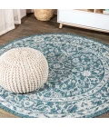 Palazzo Vine and Border Textured Weave Teal/Gray 5' Round Indoor/Outdoor Area Rug