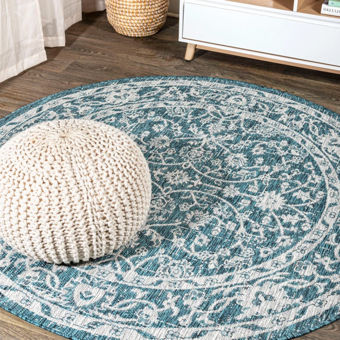 Palazzo Vine and Border Textured Weave Teal/Gray 5' Round Indoor/Outdoor Area Rug