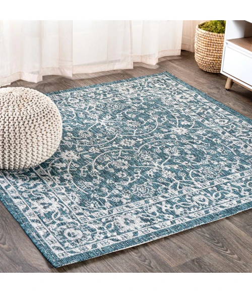 Palazzo Vine and Border Textured Weave Teal/Gray 5' Square Indoor/Outdoor Area Rug