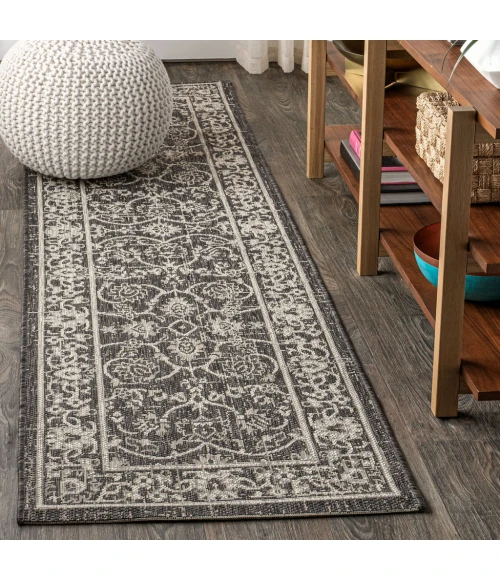 Palazzo Vine and Border Textured Weave Black/Gray 2 ft. x 10 ft. Indoor/Outdoor Runner Rug
