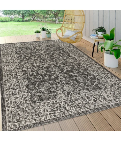 Palazzo Vine and Border Textured Weave Black/Gray 8 ft. x 10 ft. Indoor/Outdoor Area Rug