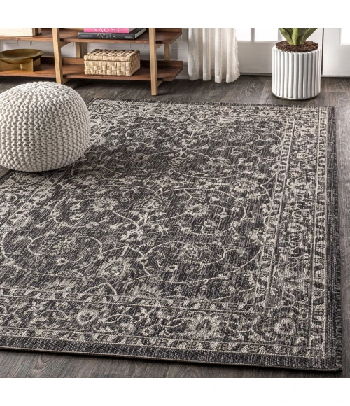 Palazzo Vine and Border Textured Weave Black/Gray 8 ft. x 10 ft. Indoor/Outdoor Area Rug