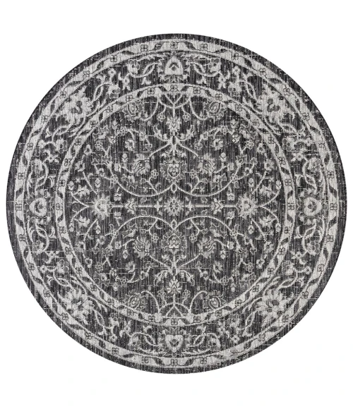 Palazzo Vine and Border Textured Weave Black/Gray 5' Round Indoor/Outdoor Area Rug