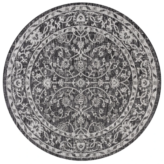 Palazzo Vine and Border Textured Weave Black/Gray 5' Round Indoor/Outdoor Area Rug