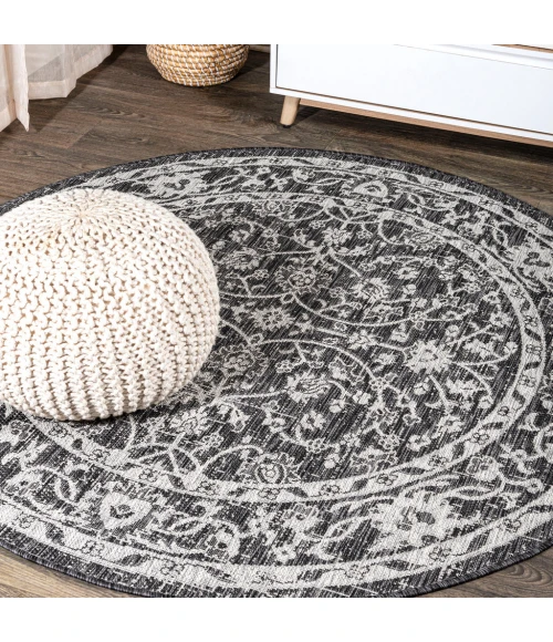 Palazzo Vine and Border Textured Weave Black/Gray 5' Round Indoor/Outdoor Area Rug