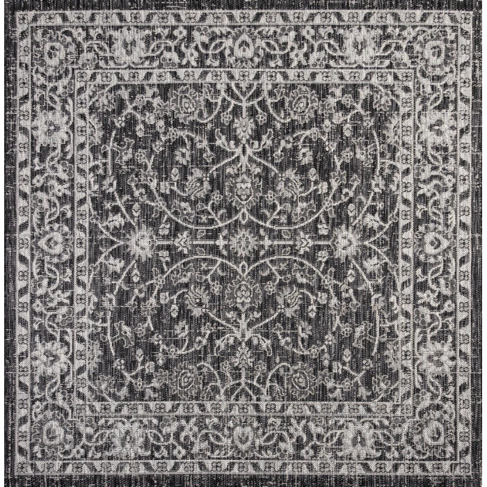 Palazzo Vine and Border Textured Weave Black/Gray 5' Square Indoor/Outdoor Area Rug