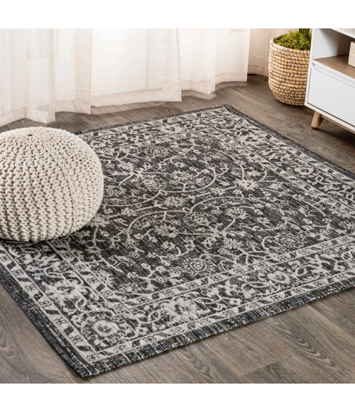 Palazzo Vine and Border Textured Weave Black/Gray 5' Square Indoor/Outdoor Area Rug