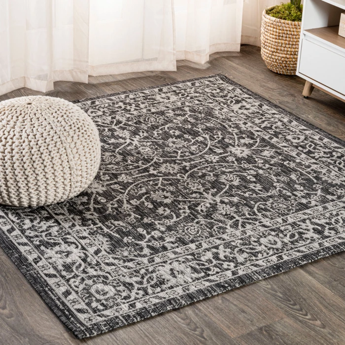 Palazzo Vine and Border Textured Weave Black/Gray 5' Square Indoor/Outdoor Area Rug