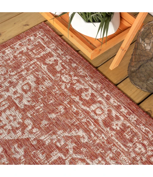 Malta Bohemian Medallion Textured Weave Red/Taupe 5' Square Indoor/Outdoor Area Rug