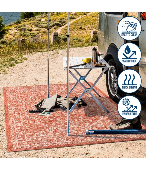 Malta Bohemian Medallion Textured Weave Red/Taupe 5' Square Indoor/Outdoor Area Rug