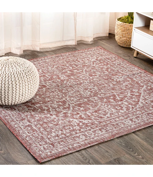 Malta Bohemian Medallion Textured Weave Red/Taupe 5' Square Indoor/Outdoor Area Rug