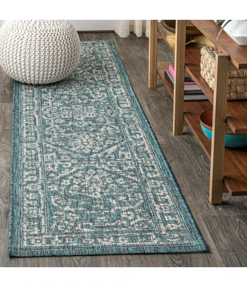 Malta Bohemian Medallion Textured Weave Teal/Gray 2 ft. x 10 ft. Indoor/Outdoor Runner Rug